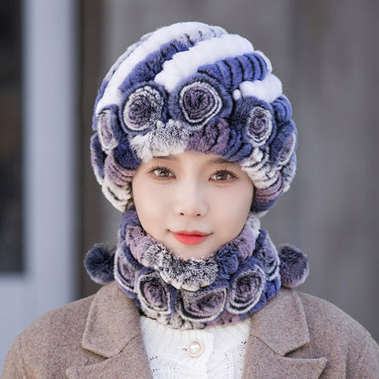 Warm Real Rabbit Fur Ear Flap Hat & Scarf Set