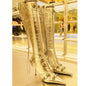 Metallic Pointed Grommeted Straps Stiletto Thigh-High Boots