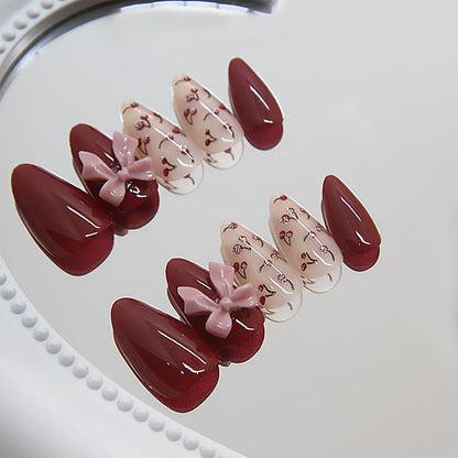 Sweet Lychee Bow Nail Stickers, Removable, Almond Shape