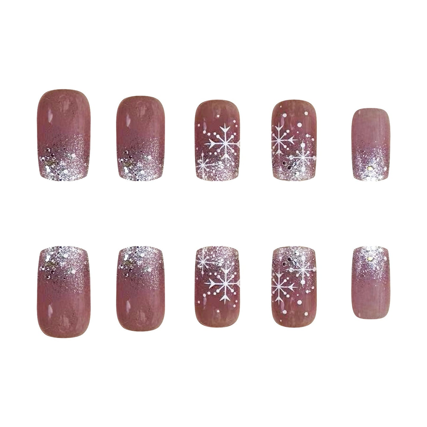 Short Square Silver Glitter Gradient Snowflake Design Nail Tips