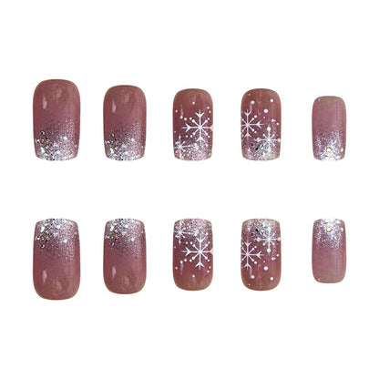 Short Square Silver Glitter Gradient Snowflake Design Nail Tips