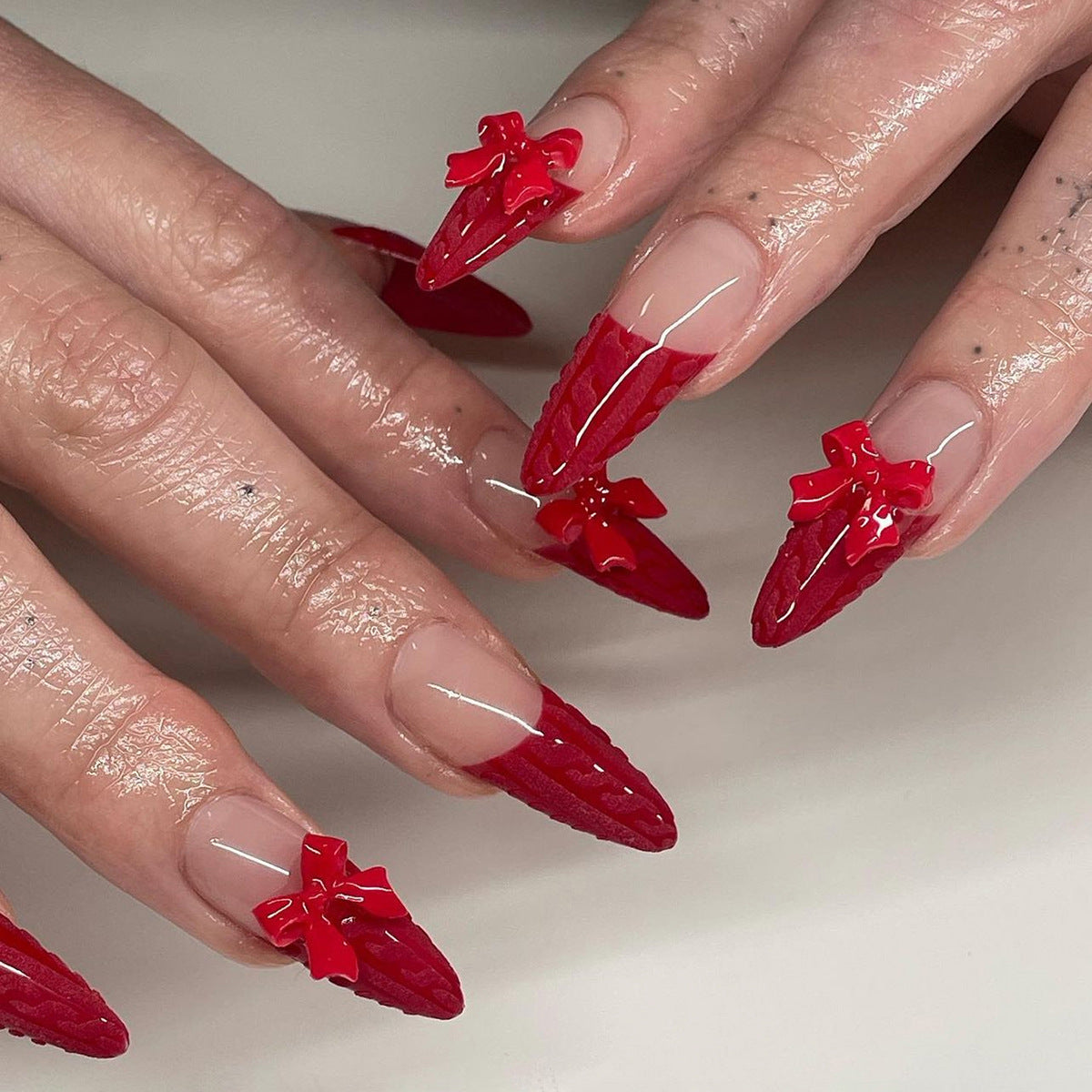 3D Red French Tip Nails with Christmas Bow