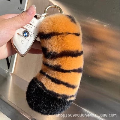 Cute Otter Rabbit Fur Tiger Tail Keychain Plush Gift