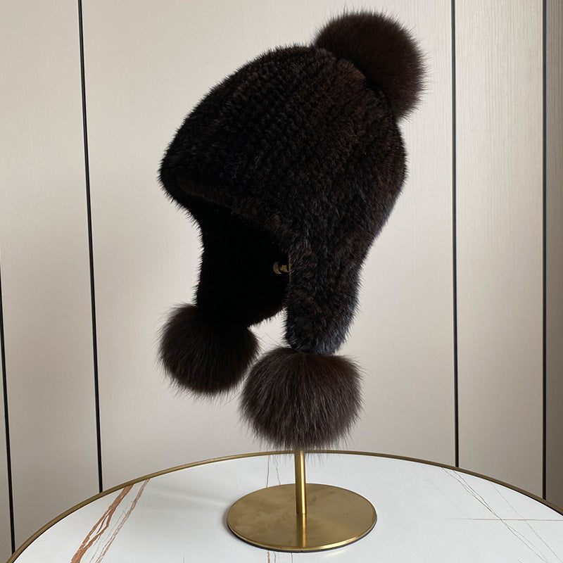 Warm Mink Fur Hat with Fox Fur Pom Pom - Winter Accessory