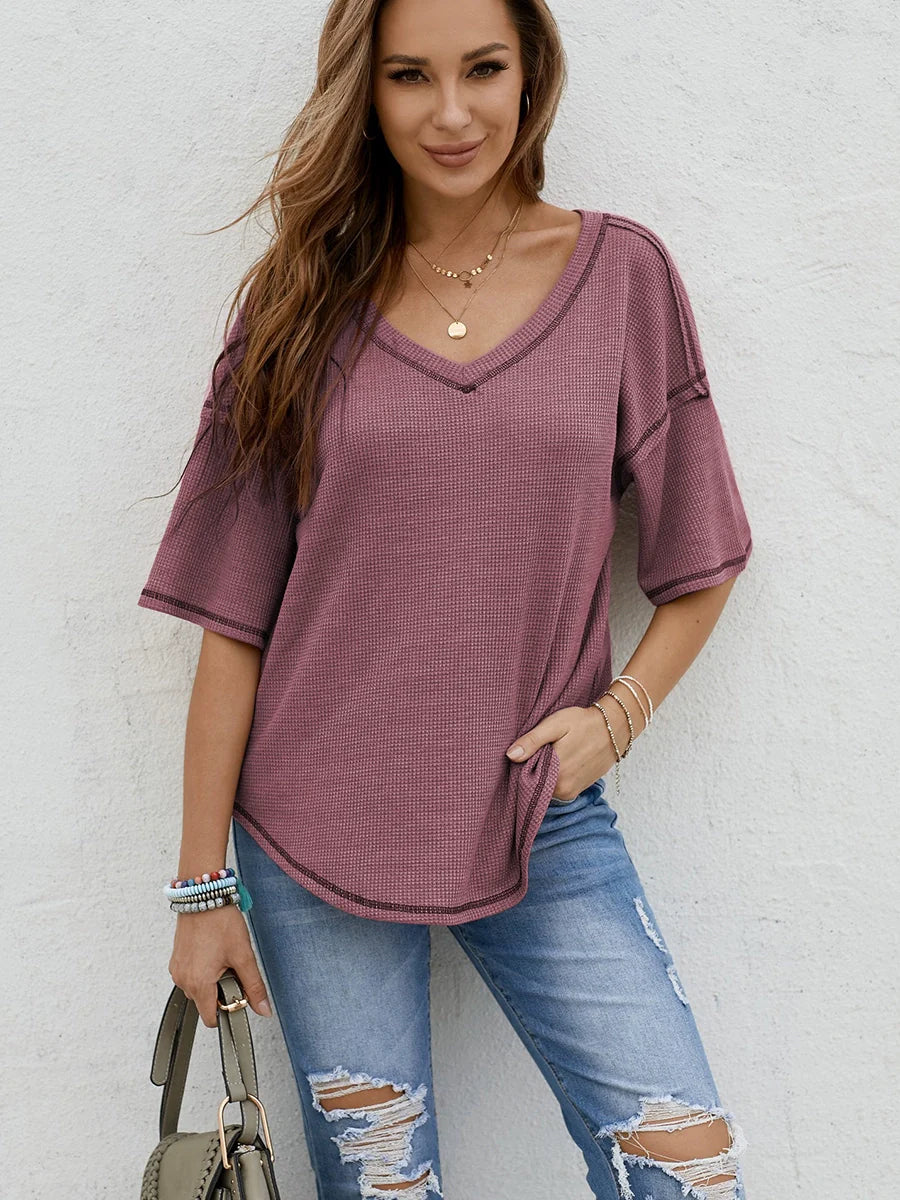 Free Shipping ForDillamon Solid Color Casual Half-Sleeve European and American Style Top