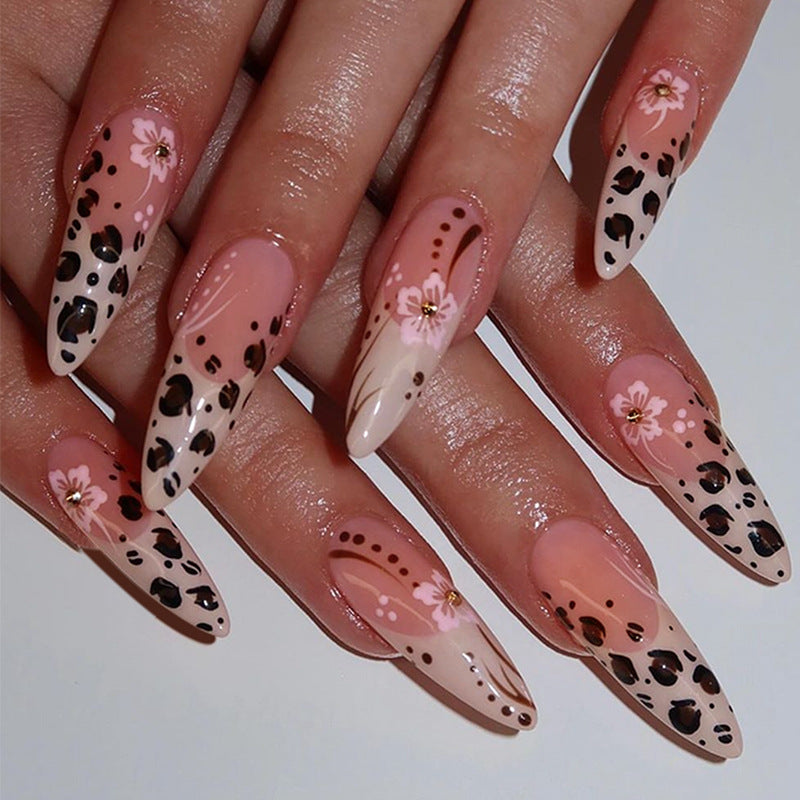 24-Piece French Tip Leopard Print Flower Nail Tips with