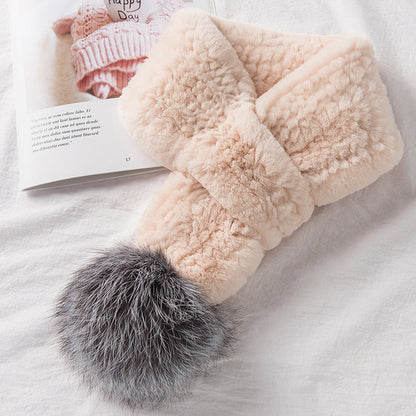 Real Rabbit Fur Fox Pom Pom Scarf - Winter Warmth & Style