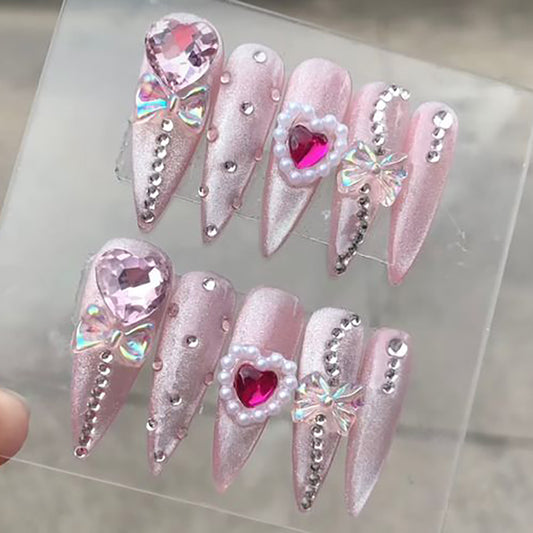 24 Cat Eye Nail Tips with Heavy Crystal Hearts