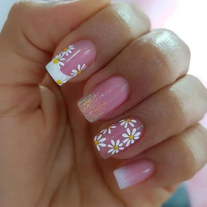 White Minimalist French Gradient Flower Nails Sweet Ins Style-Homeunderwear