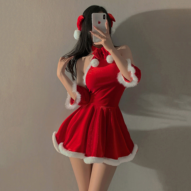 Free Shipping for Sexy Christmas Furry Backless Gold Velvet Slip Dress Bow Short Skirt Set