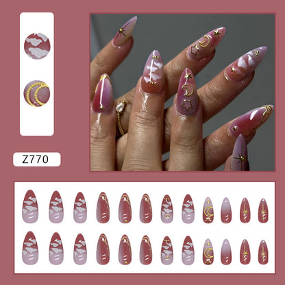 European Fashion Pink-Purple Gradient Almond Nails with Sky Clouds, Stars, Moon, and Diamonds