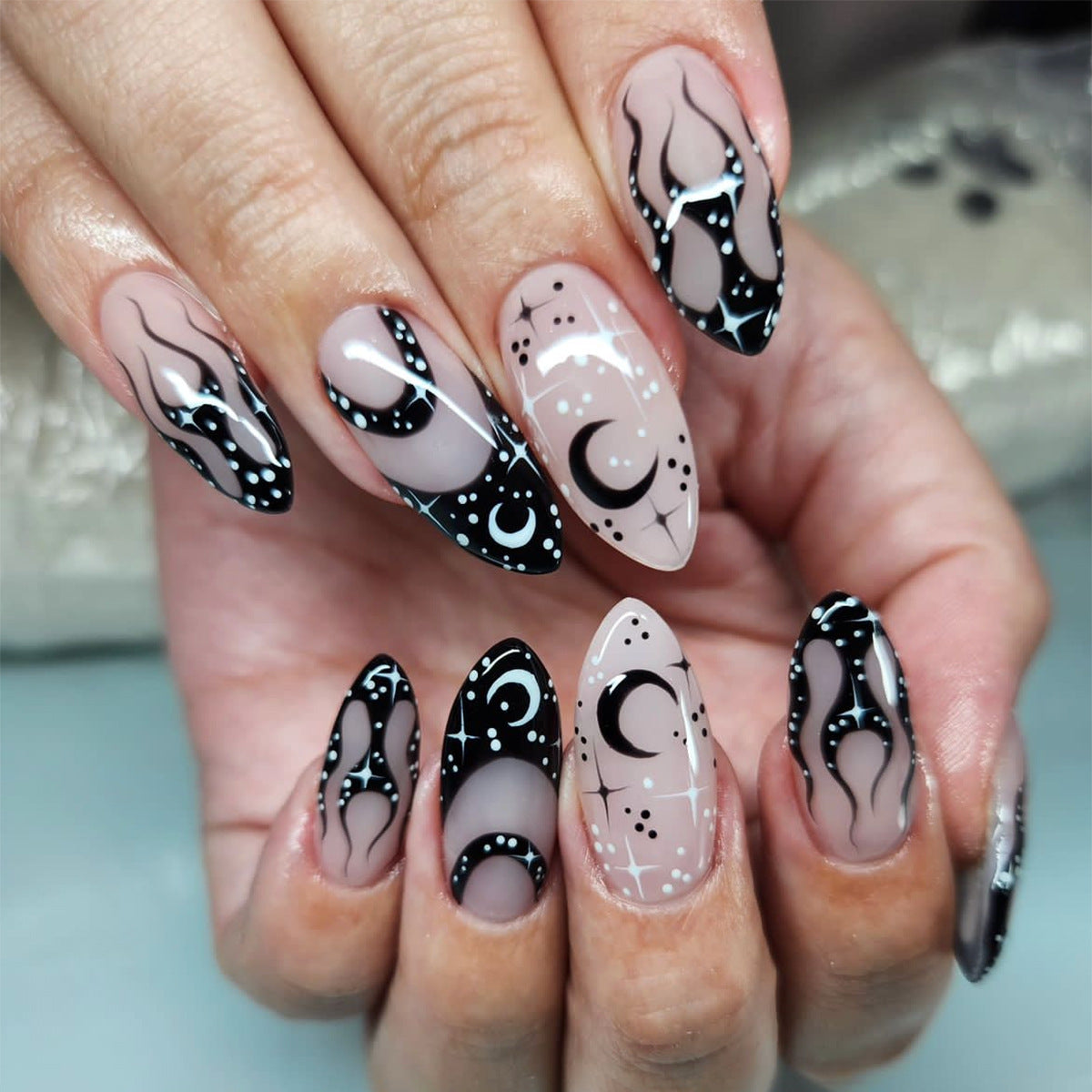 Dark Personalized Printed French Tip Nails - Ready-Made