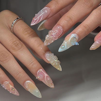 Summer Fresh Nails, 3D Butterfly Almond Tips with Bubble Beads