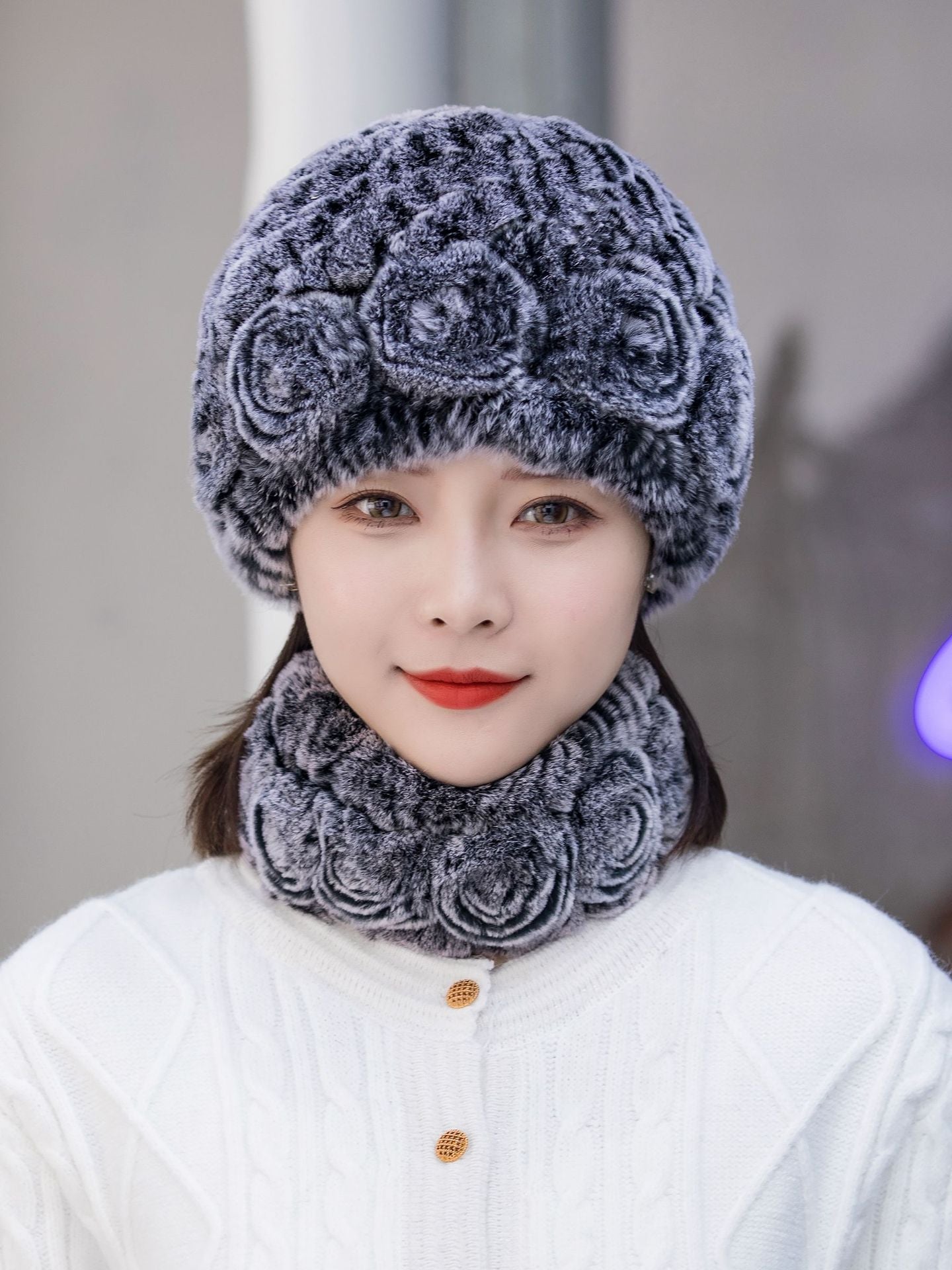 Warm Real Rabbit Fur Ear Flap Hat & Scarf Set