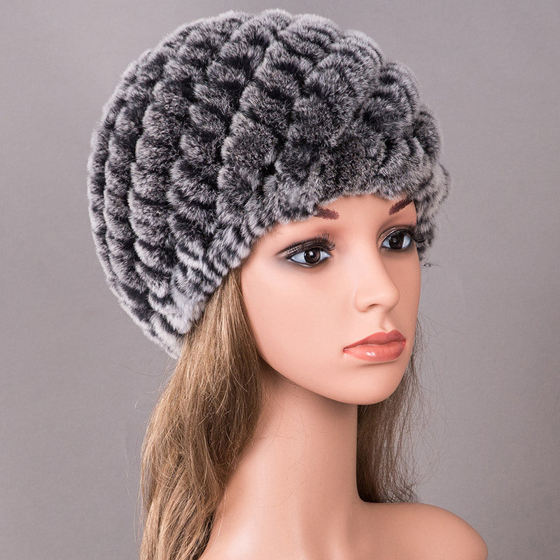 Real Rabbit Fur Knit Winter Hat - Warm Earmuffs Included"