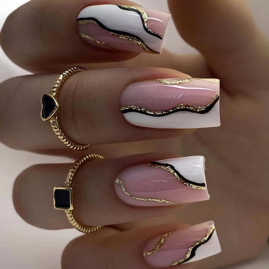 Simple White Irregular Wave Black Lines Gold Powder Euro Square Nails-homeunderwear