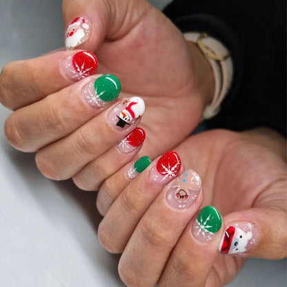 24-Piece Short Oval Red Green French Christmas Cartoon Nail Tips