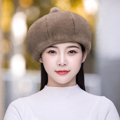 Women's Winter Fashion Water Mink Fur Beret Thick Warm Octagonal Hat