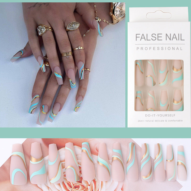 Long Gold Line Wave Nail Extensions, Matte Pop Style