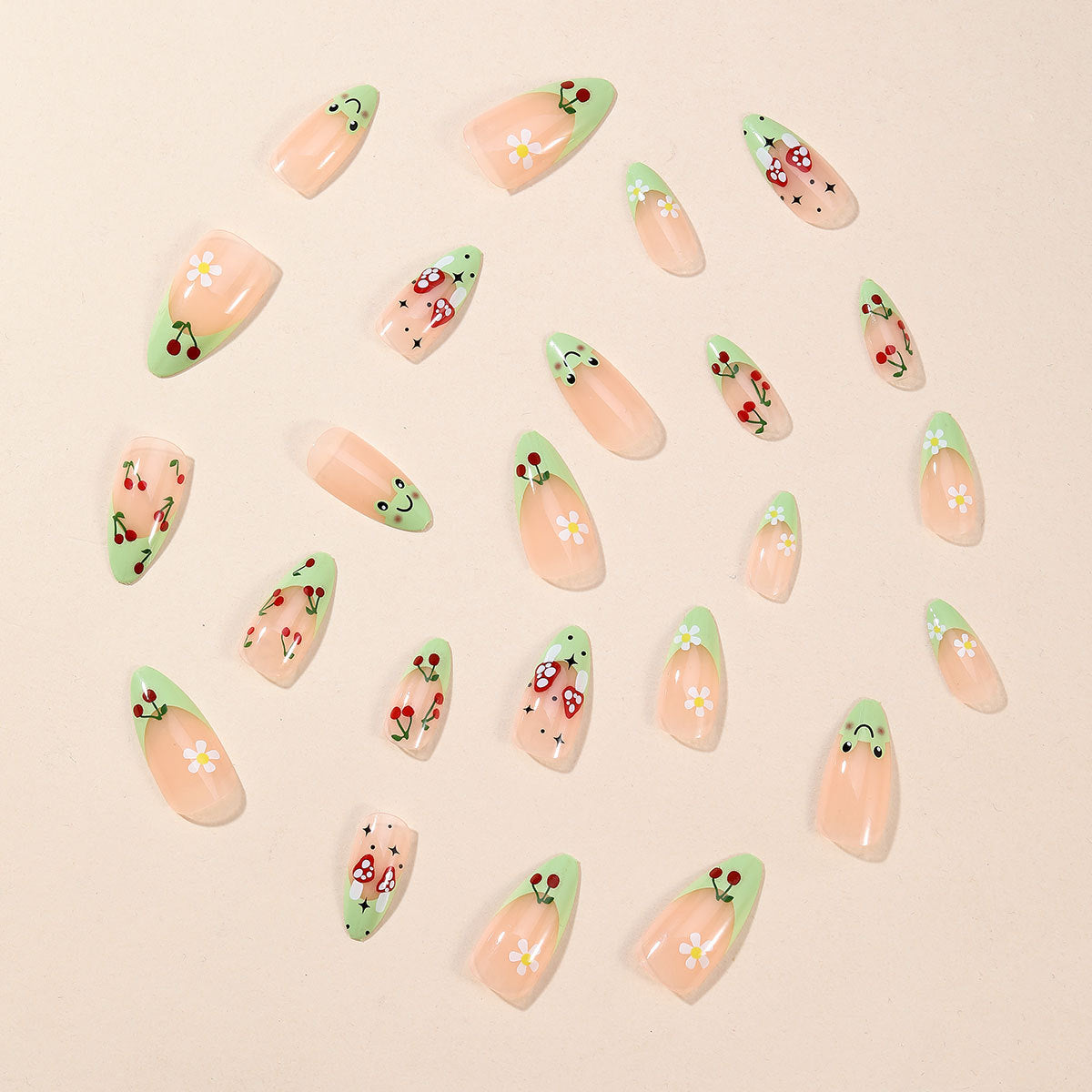 Almond Fresh Green French Cherry Blossom Frog Detachable Fake Nails-homeunderwear