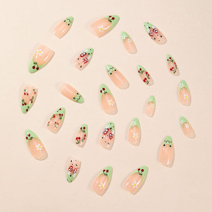 Almond Fresh Green French Cherry Blossom Frog Detachable Fake Nails-homeunderwear