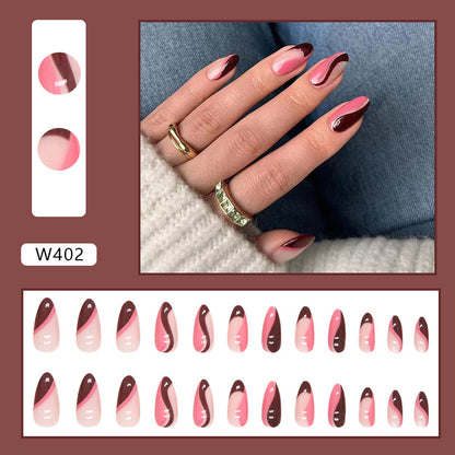 Whitening French Irregular Ripple Nails, Rose Red with Dark Brown, Ins Style-Homeunderwear