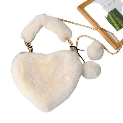 Custom Heart Shaped Rabbit Fur Handbag, Chain Strap Tote