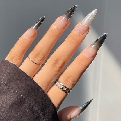 Long Pointed Gradient Glitter Nail Extensions, Whitening Effect