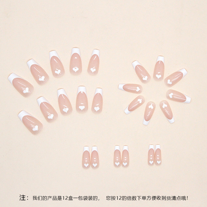 Mid-Length White French Heart Fall Nails, 24-Piece Set