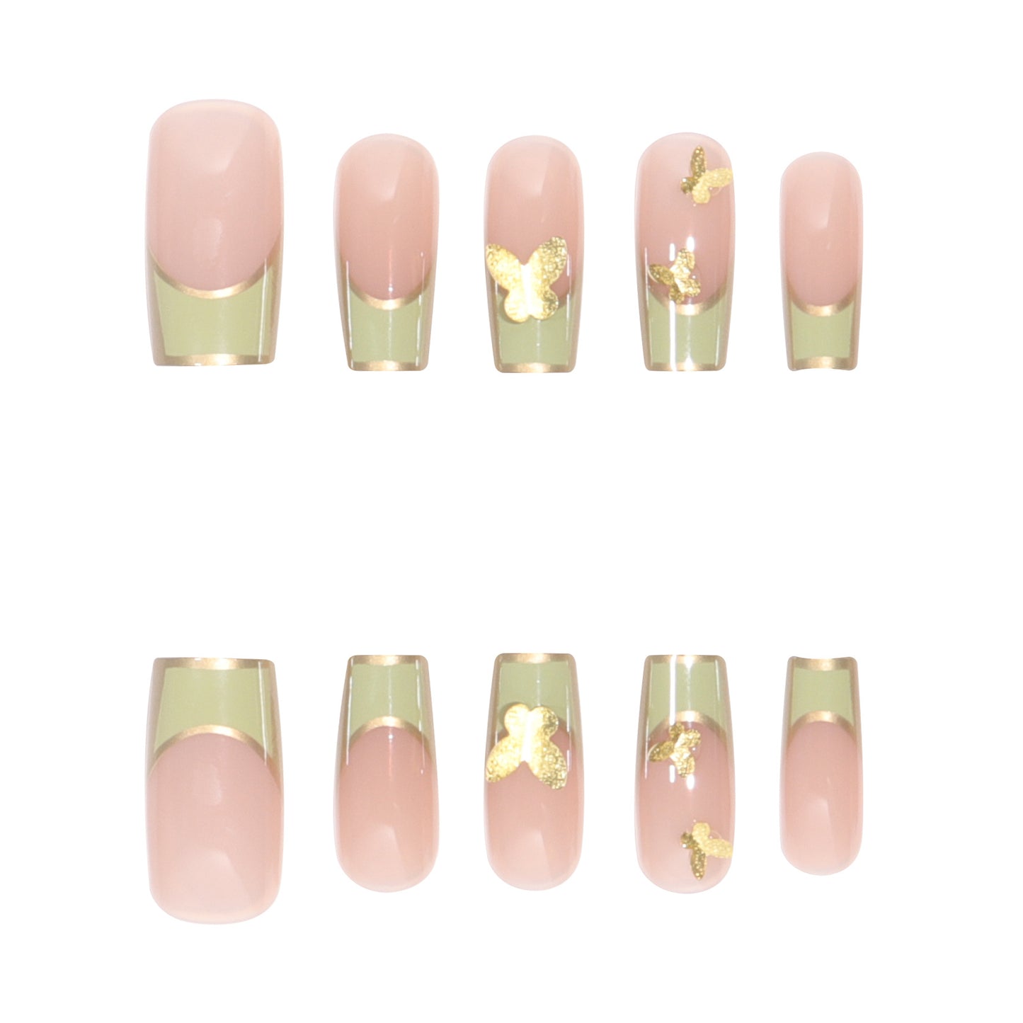 Chic Green Gold Bow Nail Extensions, French Style