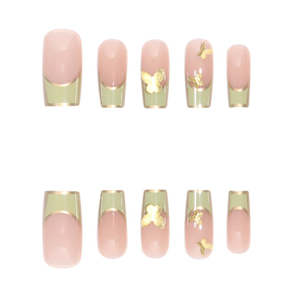 Chic Green Gold Bow Nail Extensions, French Style