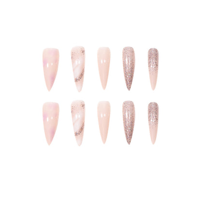 Long Marble Gradient Nail Tips with Glitter and Rhinestones