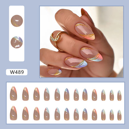 Trendy Euro Ins Style Round Almond Multicolor Gradient French Gold Line Fake Nails-Homeunderwear