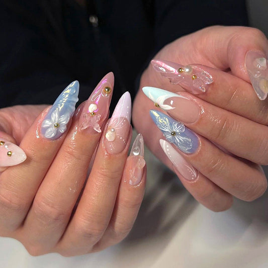 3D Water Wave French Nails with Crystal Accents