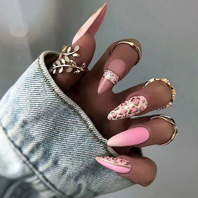 Pink Leopard Almond Nails Sweet Spicy Girl Euro Ins Style Wearable Fake Nails-homeunderwear