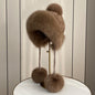 Women's Warm Faux Fur Lined Fox Ear Flap Hat with Real Rabbit Fur Pom Pom