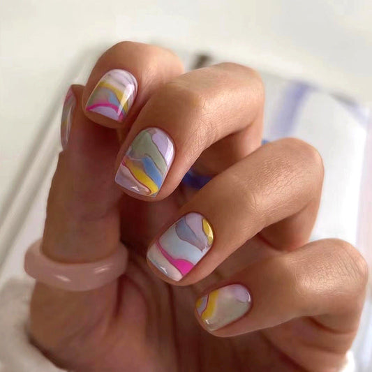 Short Square Nails, Multicolor Coating, Abstract Art INS Style