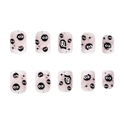 New Halloween Short Square No-Face Coal Black Wave French Nail Tips