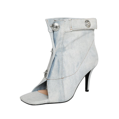 Cowboy Denim Peep Toe Stiletto Boots-Homeunderwear