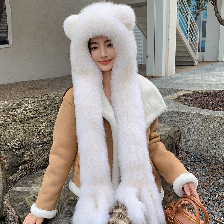 Winter Fox Fur Hat with Bear Ears & Scarf Set