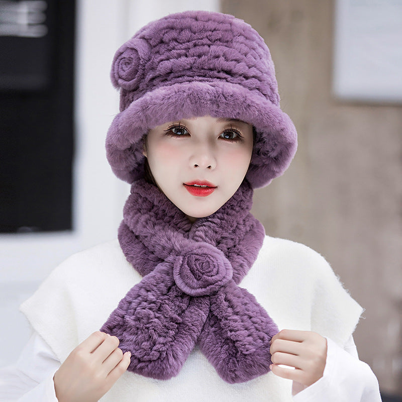 Warm Real Rabbit Fur Hat & Scarf Set - Ear Flap Design