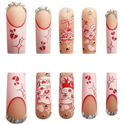 Long Matte PVC Nails with Valentine's Pink Heart Design