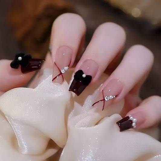 Viral French Nail Extensions with Bow and Wine Design