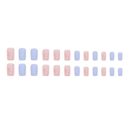 Square Mid-Length Pink Blue Gold Nails - Matte Finish, Wave Pattern