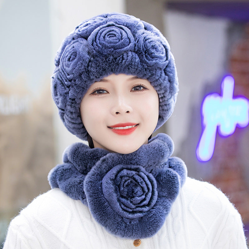 Winter Rex Rabbit Fur Ear Flap Hat & Scarf Set