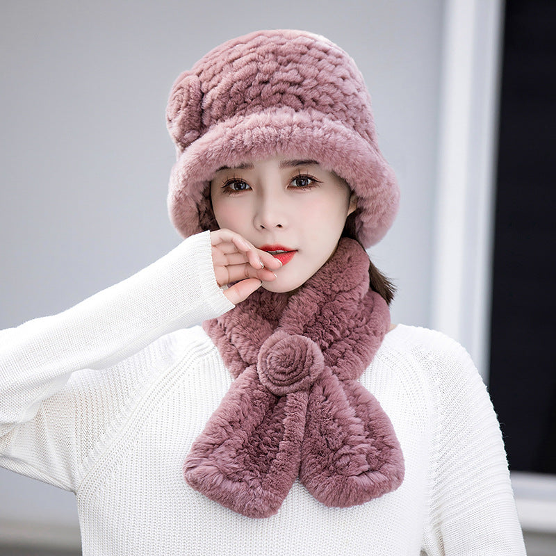 Warm Real Rabbit Fur Hat & Scarf Set - Ear Flap Design