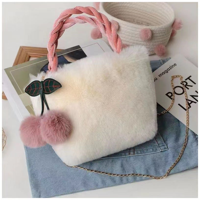 Cute Cherry Fuzzy Handbag Women's Winter Shoulder Tote