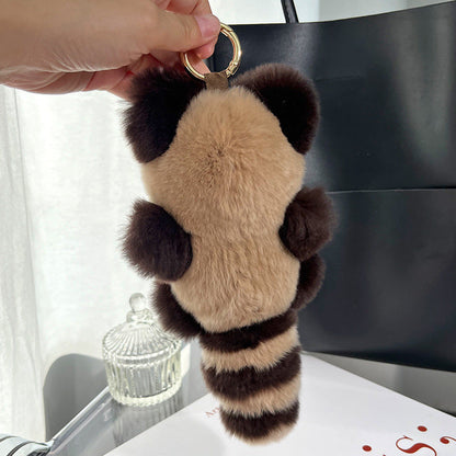 Cute Real Rabbit Fur Raccoon Keychain - Plush Toy Charm