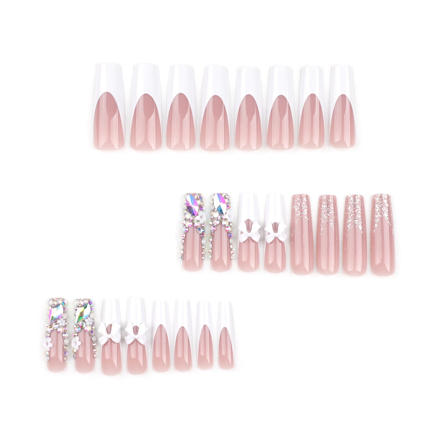 Wholesale Flashy Diamond French Nail Art Tips, White Bow and Flower Squares-Homeunderwear