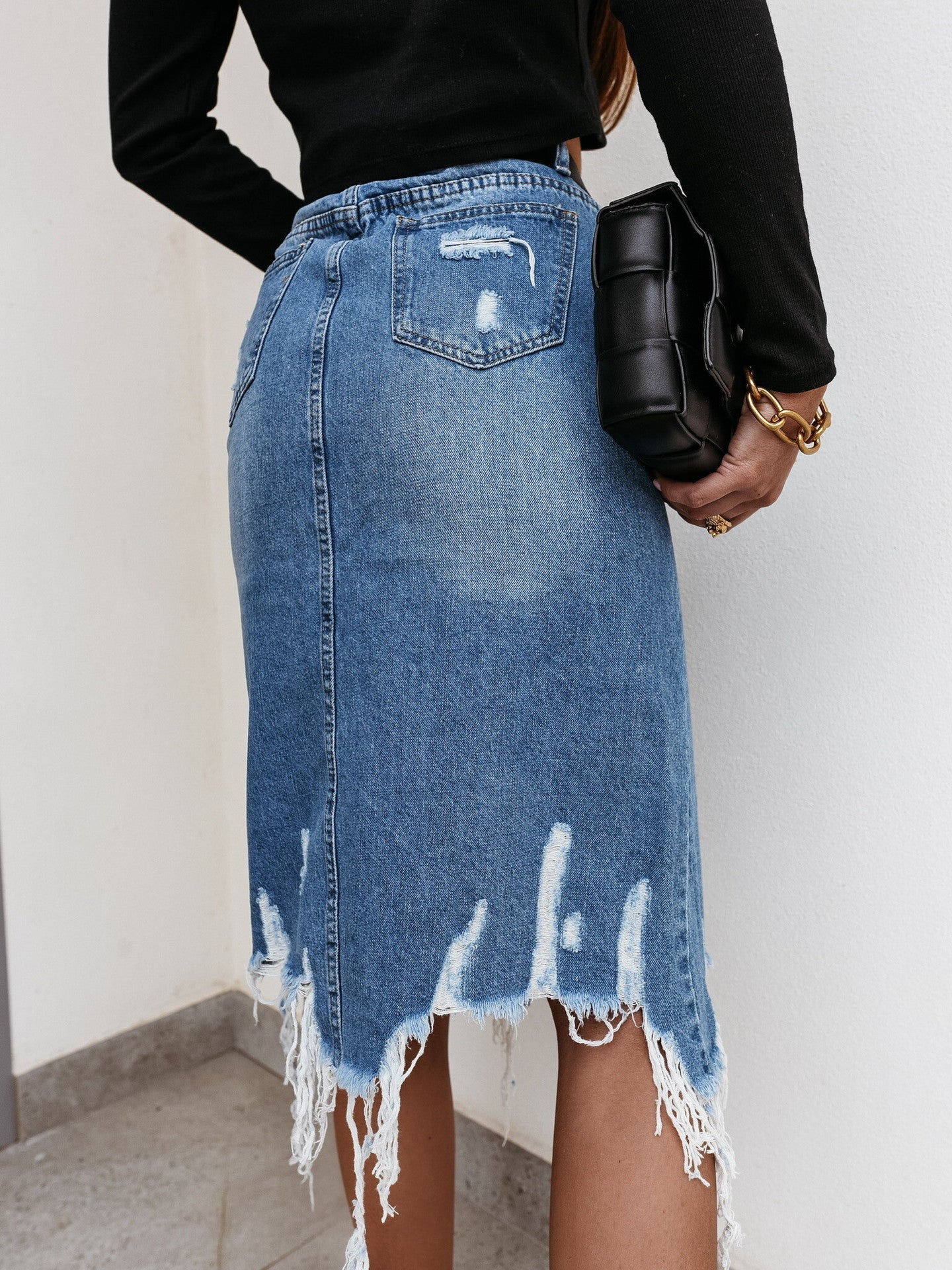 Casual Fringed Distressed Denim Midi Dress